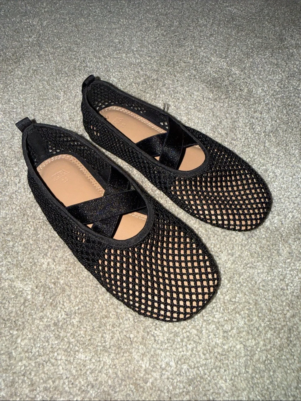 Zara Black Mesh Kids Ballet Flats with Cross Strap